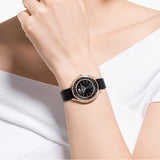 Shop Authentic Swarovski Crystalline Aura Black Dial Black Leather Strap Watch for Women - 5558634 - Luxxuri