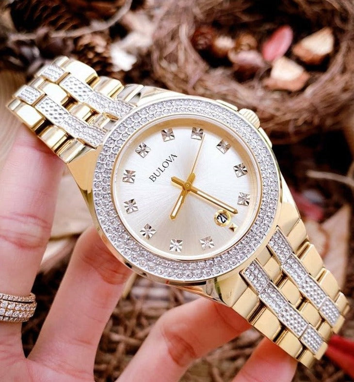  Shop Authentic Bulova Crystal Collection Champagne Dial Two Tone Steel Strap Watch for Women - 98B174 - Luxxuri