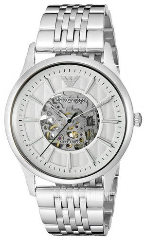  Shop Authentic Emporio Armani Meccanico Skeleton Silver Dial Silver Steel Strap Watch For Men - AR1945 - Luxxuri