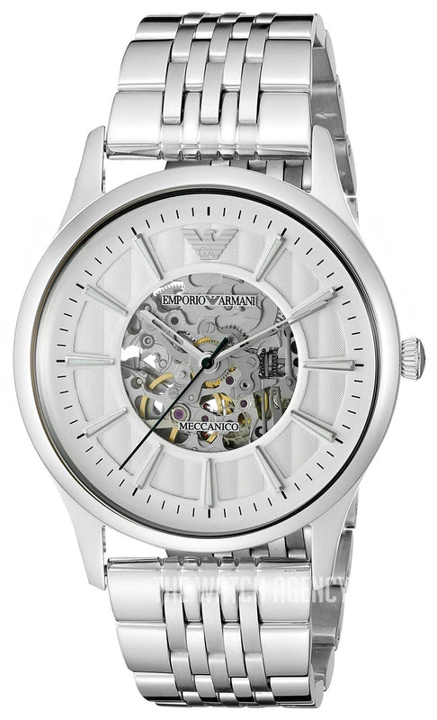  Shop Authentic Emporio Armani Meccanico Skeleton Silver Dial Silver Steel Strap Watch For Men - AR1945 - Luxxuri