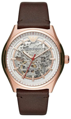  Shop Authentic Emporio Armani Meccanico White Skeleton Dial Brown Leather Strap Watch For Men - AR60005 - Luxxuri