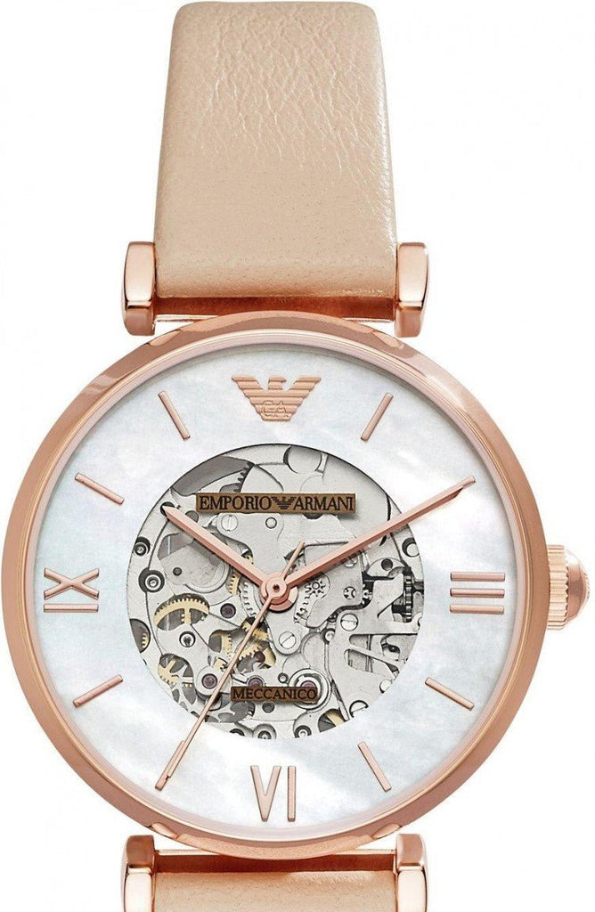  Shop Authentic Emporio Armani Meccanico Silver Skeleton Dial Beige Leather Strap Watch For Women - AR60001 - Luxxuri