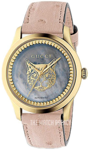  Shop Authentic Gucci G Timeless Skeleton 16K Gold Mother of Pearl Dial Pink Leather Strap Watch For Women - YA1264110 - Luxxuri