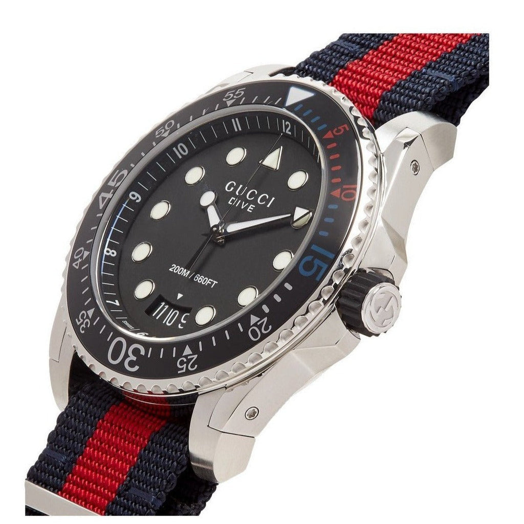  Shop Authentic Gucci Dive Black Dial Red & Blue Nylon Strap Watch For Men - YA136210 - Luxxuri