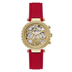  Shop Authentic Guess Solstice Diamonds Gold Dial Red Rubber Strap Watch for Women - GW0484L1 - Luxxuri