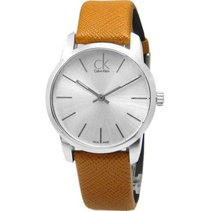  Shop Authentic Calvin Klein City Silver Dial Light Brown Leather Strap Watch For Women- K2G23120 - Luxxuri