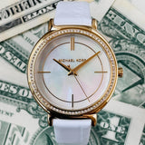 Shop Authentic Michael Kors Cinthia Mother of Pearl Dial White Leather Strap Watch for Women - MK2662 - Luxxuri