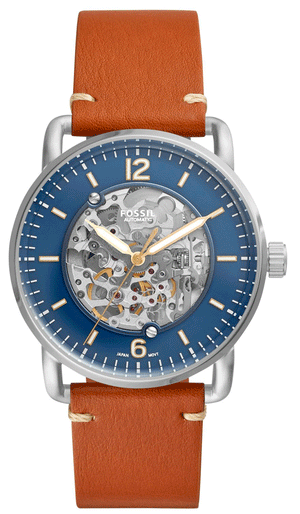  Shop Authentic Fossil Commuter Automatic Skeleton Blue Dial Brown Leather Strap Watch for Men - ME3159 - Luxxuri