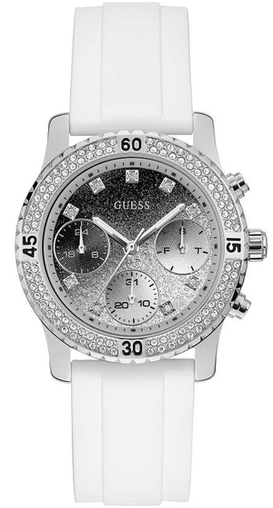  Shop Authentic Guess Confetti Crystal Black Dial White Silicone Strap Watch For Women - W1098L1 - Luxxuri