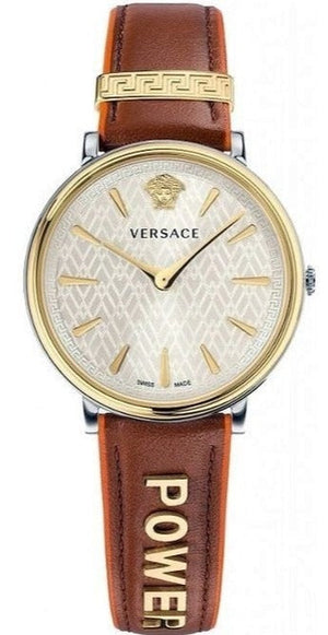  Shop Authentic Versace V Circle Quartz Silver Dial Brown Leather Strap Watch For Women - VBP04017 - Luxxuri