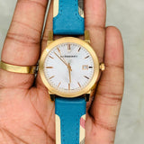  Shop Authentic Burberry Heritage Gold Dial Blue Leather Strap Watch for Women - BU9112 - Luxxuri