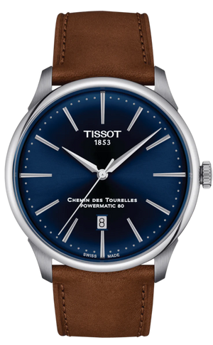 Tissot Chemin des Tourelles Automatic Powermatic 80 Blue Dial Brown Leather Strap Watch for Men - T139.407.16.041.00