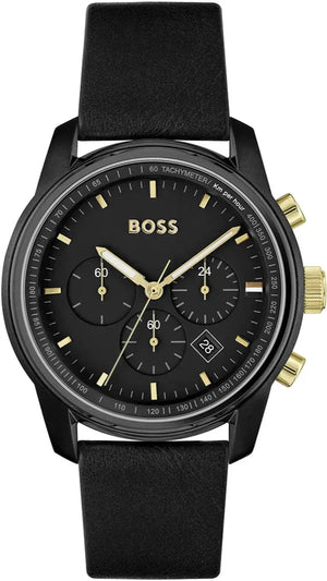 Shop Authentic Hugo Boss Trace Chronograph Black Dial Black Leather Strap Watch for Men - 1514003 - Luxxuri