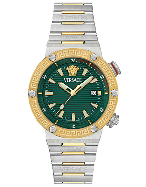  Shop Authentic Versace Greca Logo Diver Quartz Green Dial Two Tone Steel Strap Watch for Men - VE8G00524 - Luxxuri