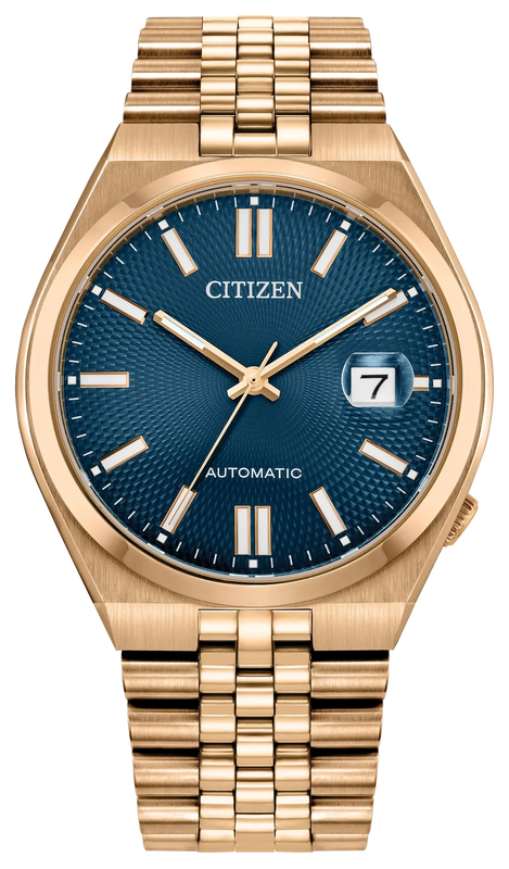 Citizen Tsuyosa 60 Automatic Blue Dial Rose Gold Steel Strap Watch for Men - NK0023-57L