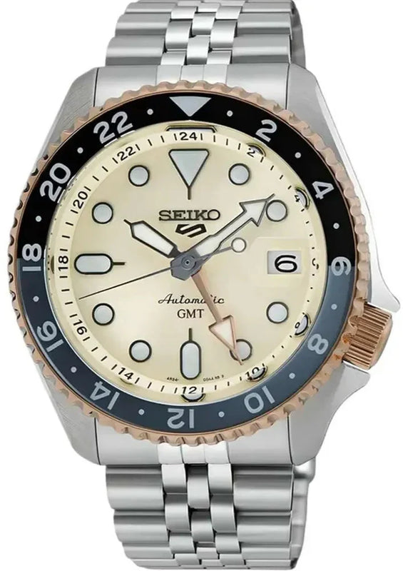  Shop Authentic Seiko 5 GMT Sport Asia Exclusive Limited Edition Off White Dial Silver Steel Strap Watch for Men - SSK046K1 - Luxxuri