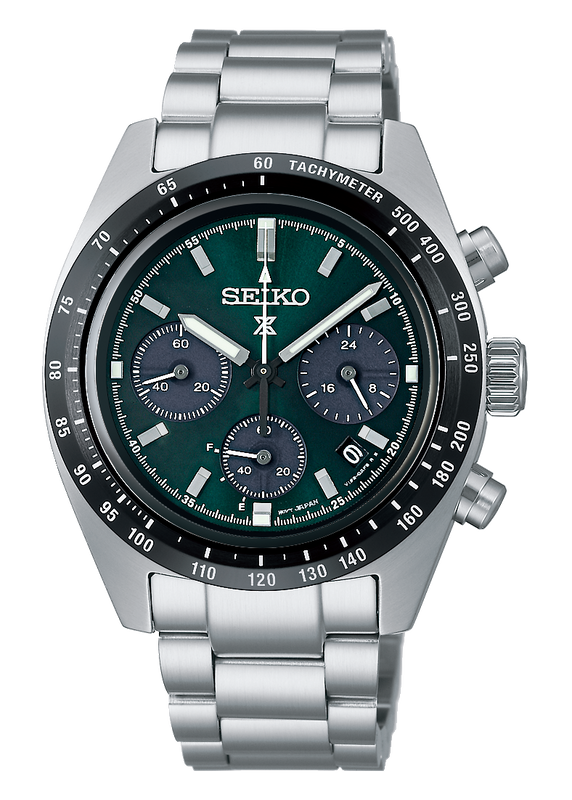 Seiko Prospex Speedtimer Solar Chronograph Green Dial Silver Steel Strap Watch for Men - SSC933