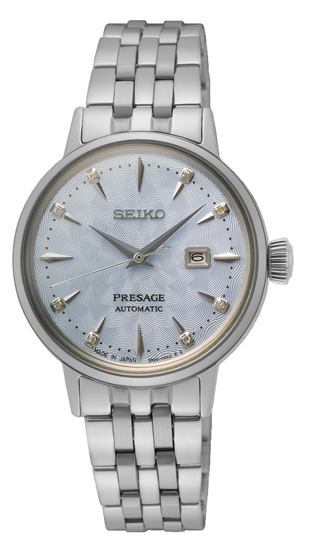 Seiko Presage Cocktail Time Automatic Skydiving Diamonds Blue Dial Silver Steel Strap Watch for Women - SRE007J1