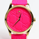  Shop Authentic Gucci G Timeless Quartz Pink Dial Pink Leather Strap Watch For Women - YA1264115 - Luxxuri