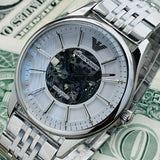  Shop Authentic Emporio Armani Meccanico Skeleton Silver Dial Silver Steel Strap Watch For Men - AR1945 - Luxxuri