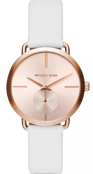  Shop Authentic Michael Kors Portia Rose Gold Dial White Leather Strap Watch For Women - MK2660 - Luxxuri