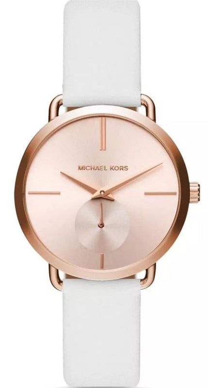  Shop Authentic Michael Kors Portia Rose Gold Dial White Leather Strap Watch For Women - MK2660 - Luxxuri