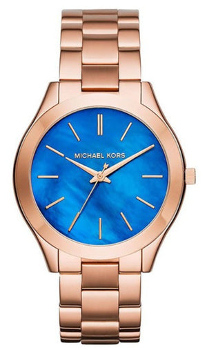  Shop Authentic Michael Kors Slim Runway Quartz Blue Dial Rose Gold Steel Strap Watch For Women - MK3494 - Luxxuri
