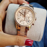  Shop Authentic Michael Kors Ritz Chronograph Rose Gold Dial Rose Gold Steel Strap Watch For Women - MK6598 - Luxxuri