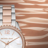  Shop Authentic Michael Kors Layton Three Hand Mother of Pearl White Dial Two Tone Steel Strap Watch For Women - MK6849 - Luxxuri
