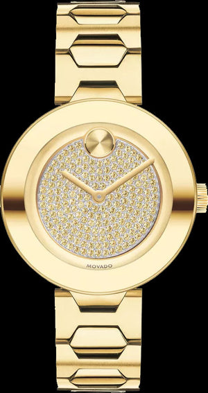  Shop Authentic Movado Bold Crystal Gold Dial Gold Steel Strap Watch For Women - 3600492 - Luxxuri