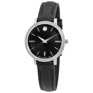  Shop Authentic Movado Ultra Slim Black Dial Black Leather Strap Watch For Women - 0607094 - Luxxuri