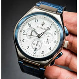  Shop Authentic Maserati Triconic Chronograph White Dial Blue Leather Strap Watch For Men - R8871639001 - Luxxuri
