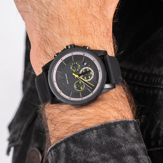  Shop Authentic Armani Exchange Outerbanks Chronograph Black Dial Black Silicone Strap Watch For Men - AX1343 - Luxxuri