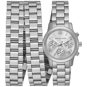  Shop Authentic Michael Kors Runway 18K Rhodium Plated Triple Wrap Silver Dial Silver Steel Strap Watch for Women - MK7451 - Luxxuri
