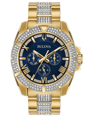  Shop Authentic Bulova Crystal Collection Blue Dial Gold Steel Strap Watch for Men - 98C128 - Luxxuri