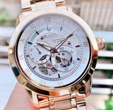  Shop Authentic Bulova BVA Skeleton Silver Dial Gold Steel Strap Watch for Men - 97A108 - Luxxuri