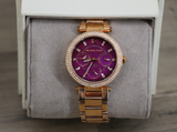  Shop Authentic Michael Kors Mini Parker Multi-Function Plum Mother of Pearl Dial Rose Gold Steel Strap Watch For Women - MK6403 - Luxxuri