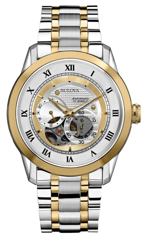  Shop Authentic Bulova BVA Skeleton Silver Dial Two Tone Steel Strap Watch for Men - 98A123 - Luxxuri