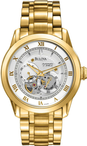  Shop Authentic Bulova BVA Skeleton Silver Dial Gold Steel Strap Watch for Men - 97A108 - Luxxuri
