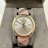 Shop Authentic Burberry The City Gold Dial Haymarket Brown Leather Strap Watch for Women - BU9026 - Luxxuri