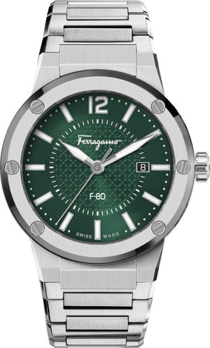  Shop Authentic Salvatore Ferragamo F-80 Bracelet Green Dial Silver Steel Strap Watch For Men - SFHY00621 - Luxxuri
