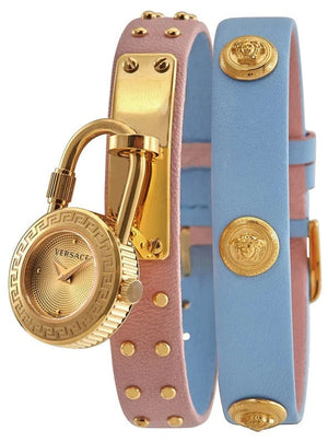  Shop Authentic Versace Medusa Lock Icon Quartz Gold Dial Pink & Blue Leather Strap Watch For Women - VEDW00219 - Luxxuri
