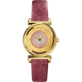  Shop Authentic Versace V-Motif Vintage Logo Diamonds Gold Dial Pink Leather Strap Watch for Women - VERE01118 - Luxxuri