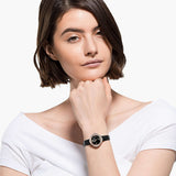  Shop Authentic Swarovski Crystal Flower Black Dial Black Leather Strap Watch for Women - 5552421 - Luxxuri