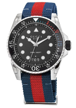  Shop Authentic Gucci Dive Black Dial Red & Blue Nylon Strap Watch For Men - YA136210 - Luxxuri
