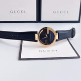  Shop Authentic Gucci Interlocking G Gold Black Dial Black Leather Strap Unisex Watch - YA133326 - Luxxuri