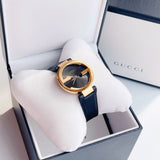  Shop Authentic Gucci Interlocking G Gold Black Dial Black Leather Strap Unisex Watch - YA133326 - Luxxuri